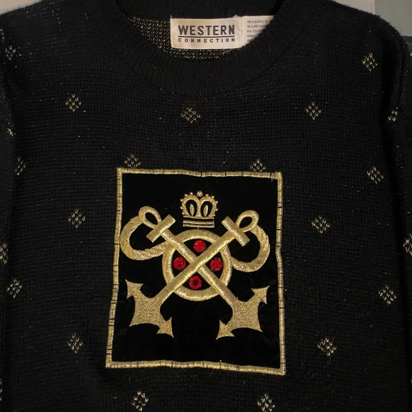 Black Gold Embellished Sweater Women’s M Pullover Argyle Metallic Emblem Sequins - Picture 4 of 7